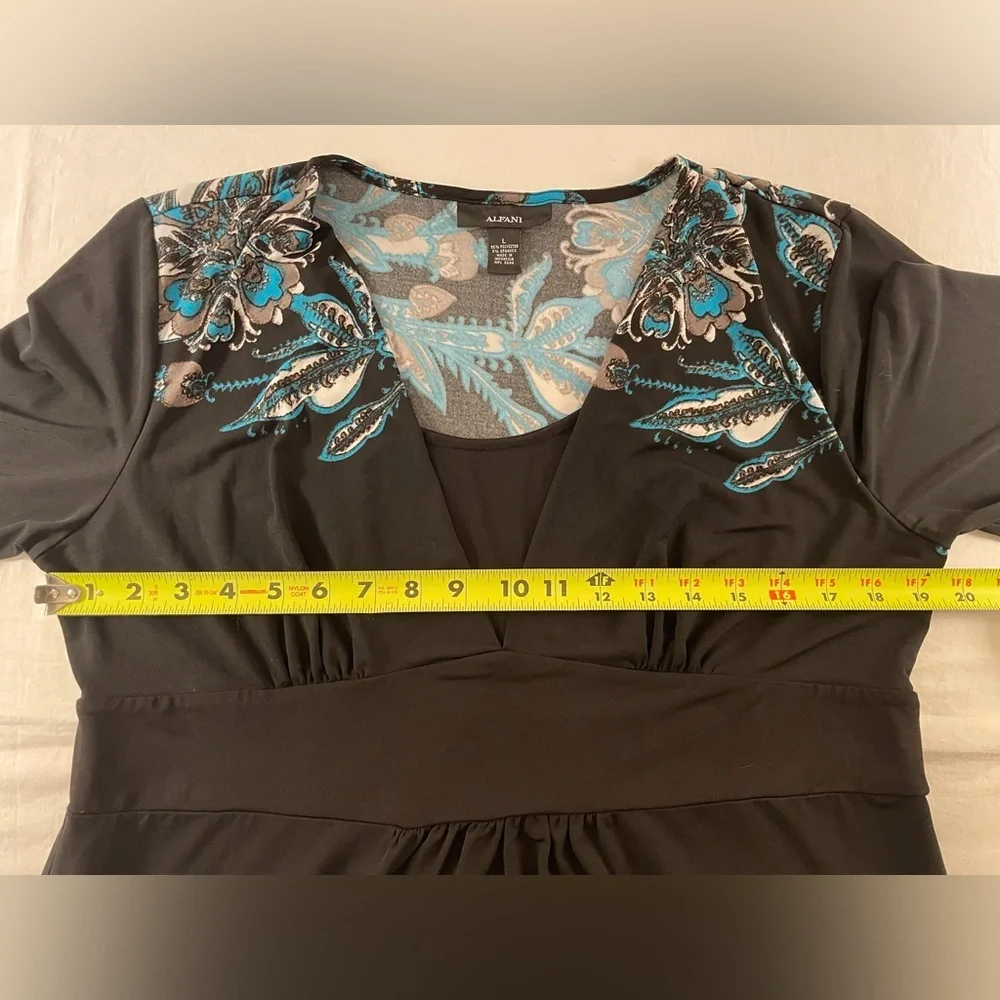 3 Quarter Length Sleeves Dress Black with Flower Design Size L